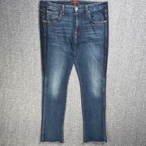7 For All Mankind Skinny Jeans Blue Tuxedo Stripe Raw Hem Size 31 Medium Wash